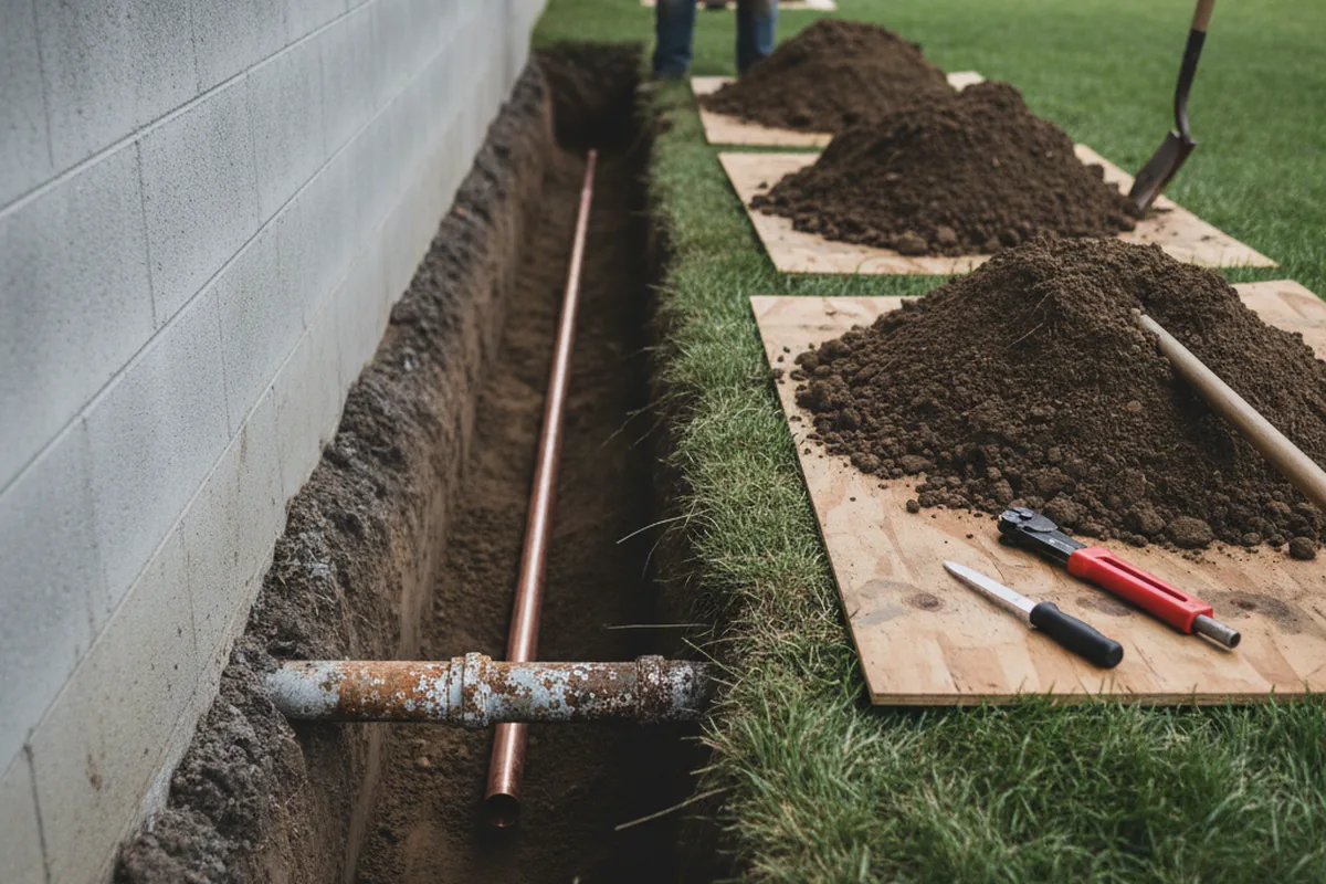 Excavated water line trench during Water Softener Installation in Peabody